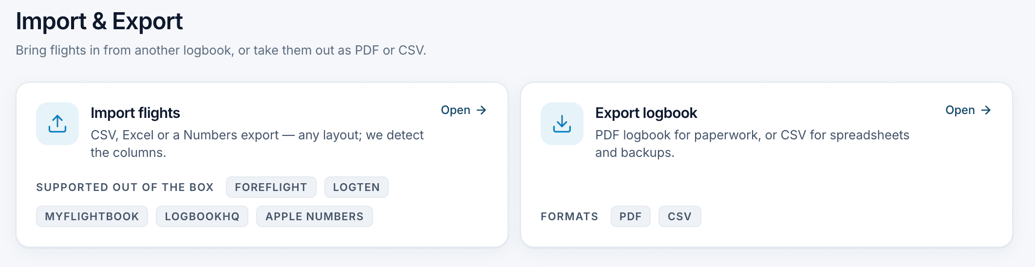 The import and export screen: reads ForeFlight, LogTen, MyFlightbook, Apple Numbers and CSV; exports PDF and CSV.